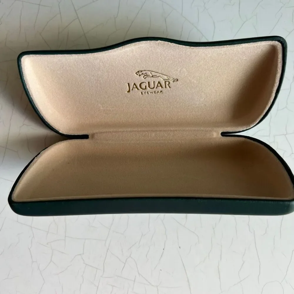 Jaguar dark green hard shell case for  eyeglasses or sunglasses.